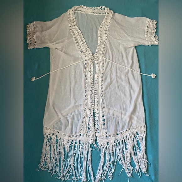 SHEIN Fringe gauze crochet semi sheer belt tie kimono short sleeve NEW size OS - Picture 3 of 8